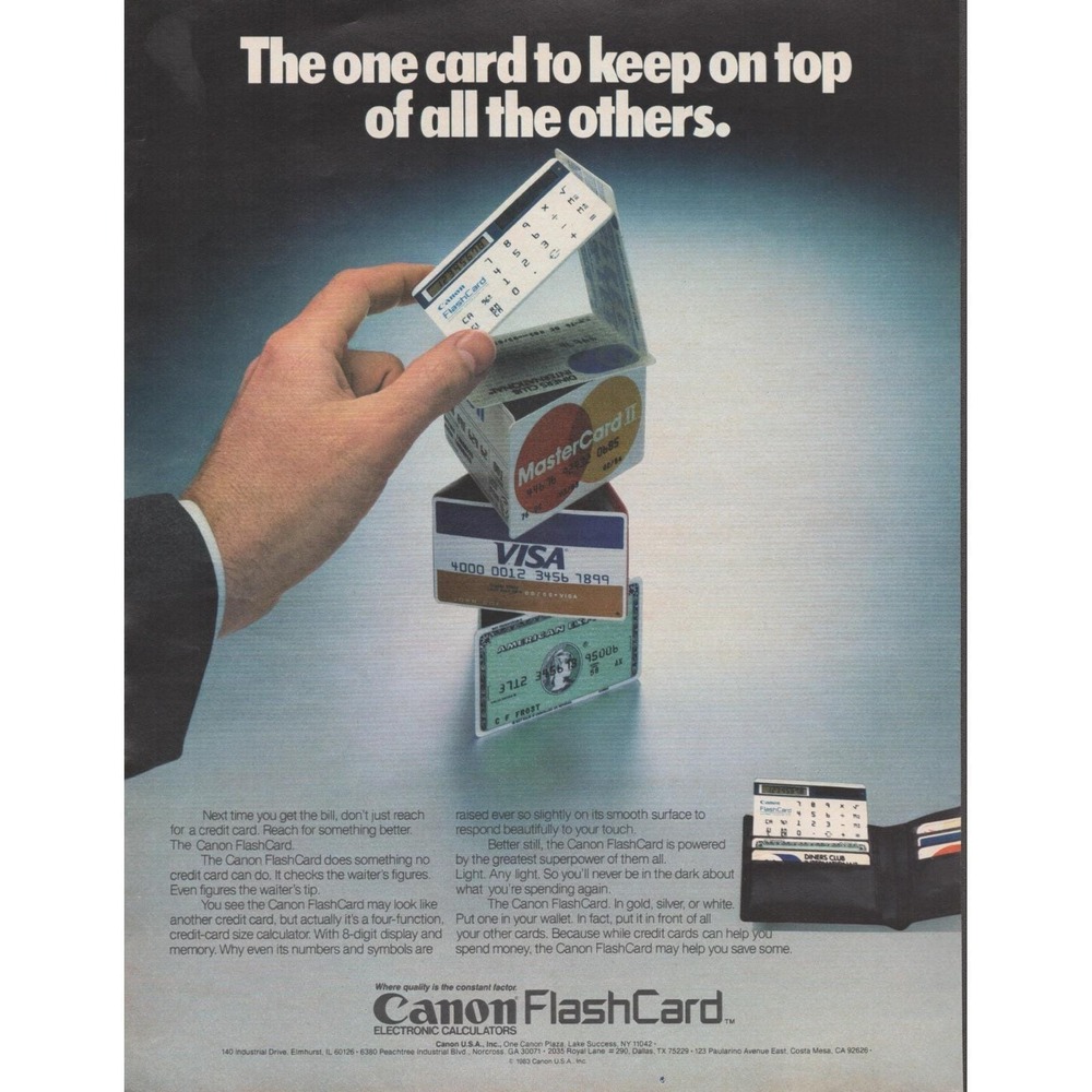 Canon FlashCard Electronic Solar Powered Calculator Credit Card Print‎ Ad 1983